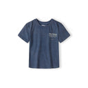 Close-up detail of blue acid wash shorts waistband showing Minoti label and 'The Future is Just Starting' text with Korean translation