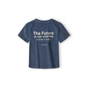 Back view of blue acid wash t-shirt laid flat showing 'The Future is Just Starting' text in English and Korean characters on white background