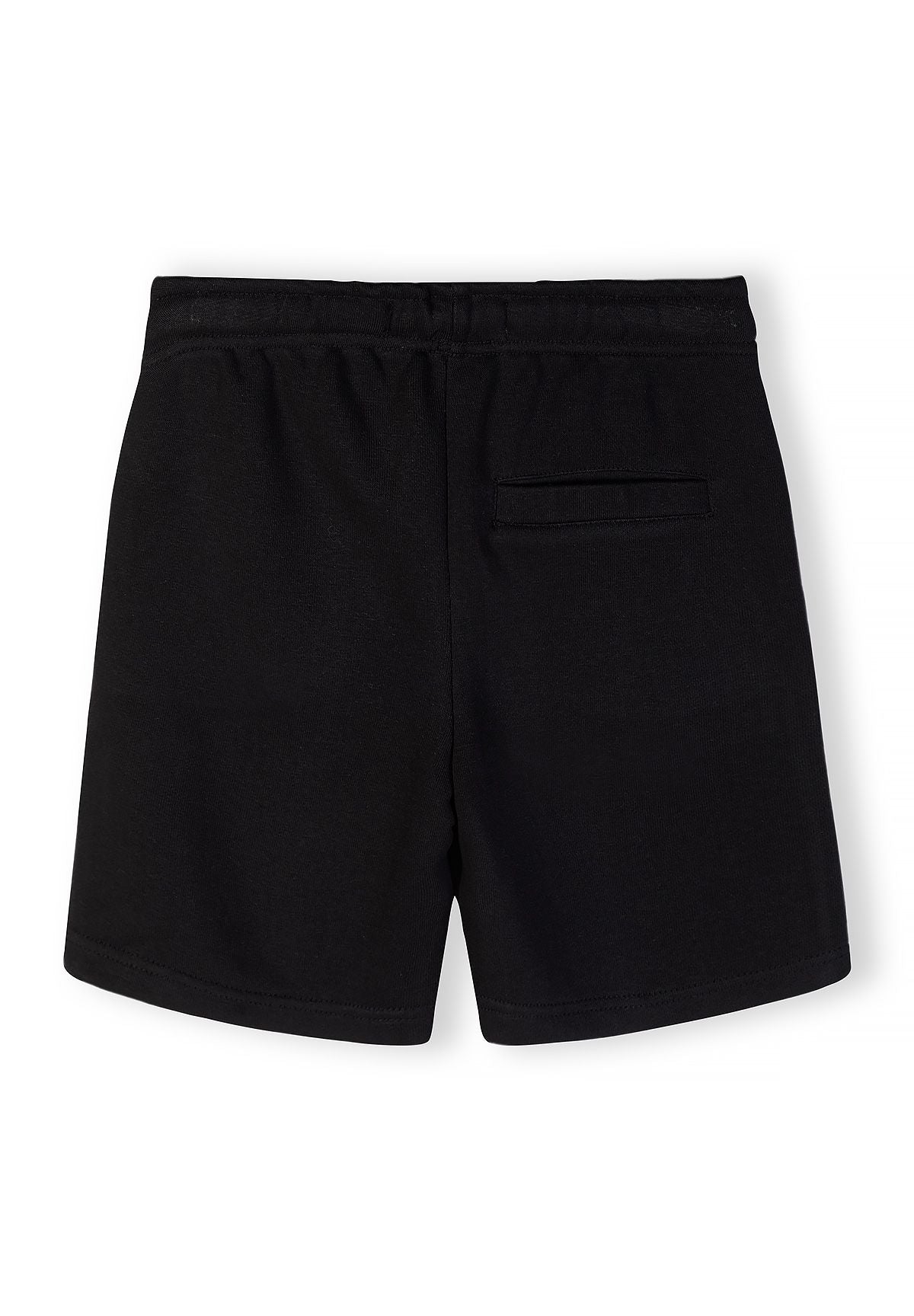 Back view of black shorts with elastic waistband and small pocket.