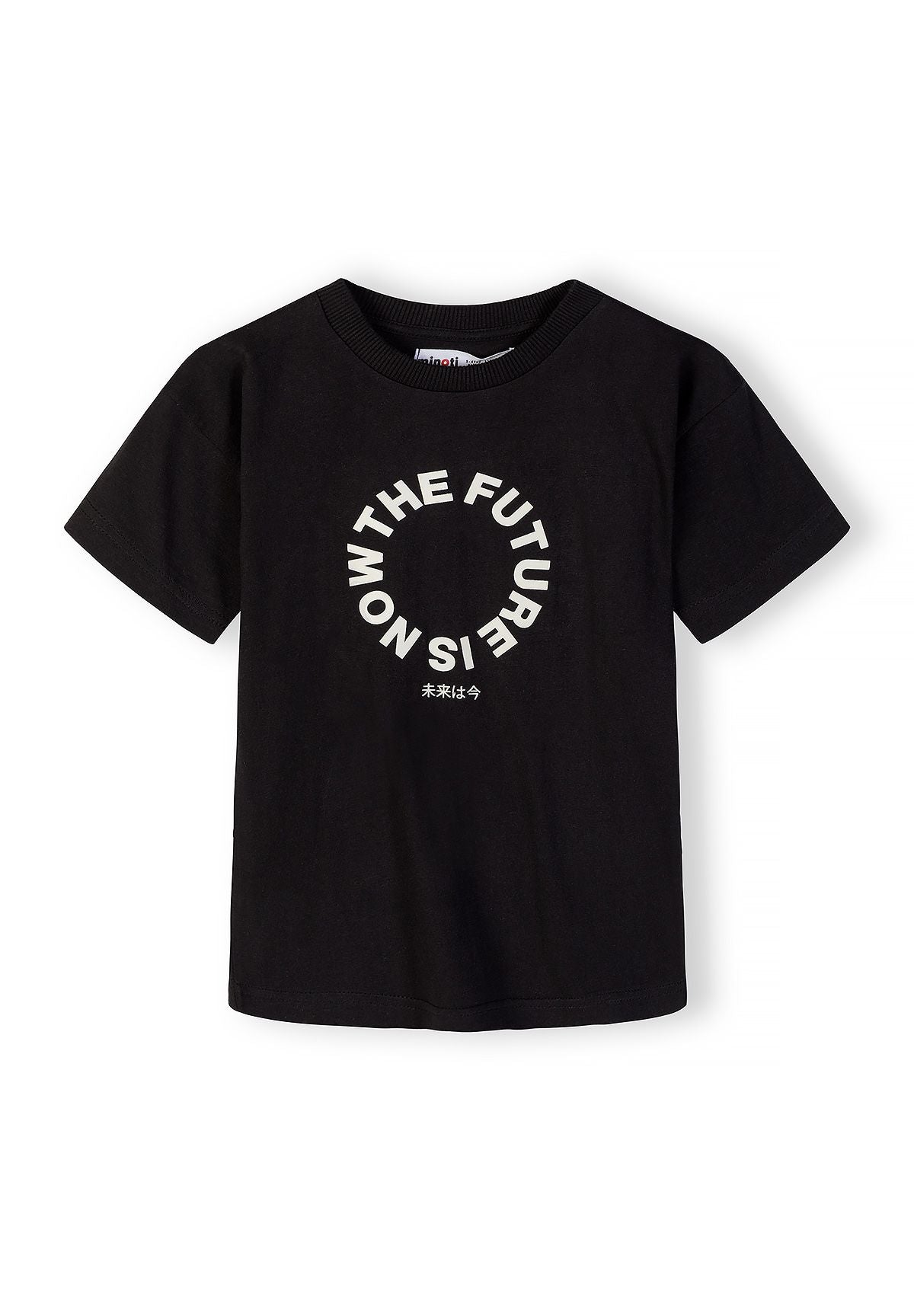 Boys black short-sleeve t-shirt with printed text, front view.