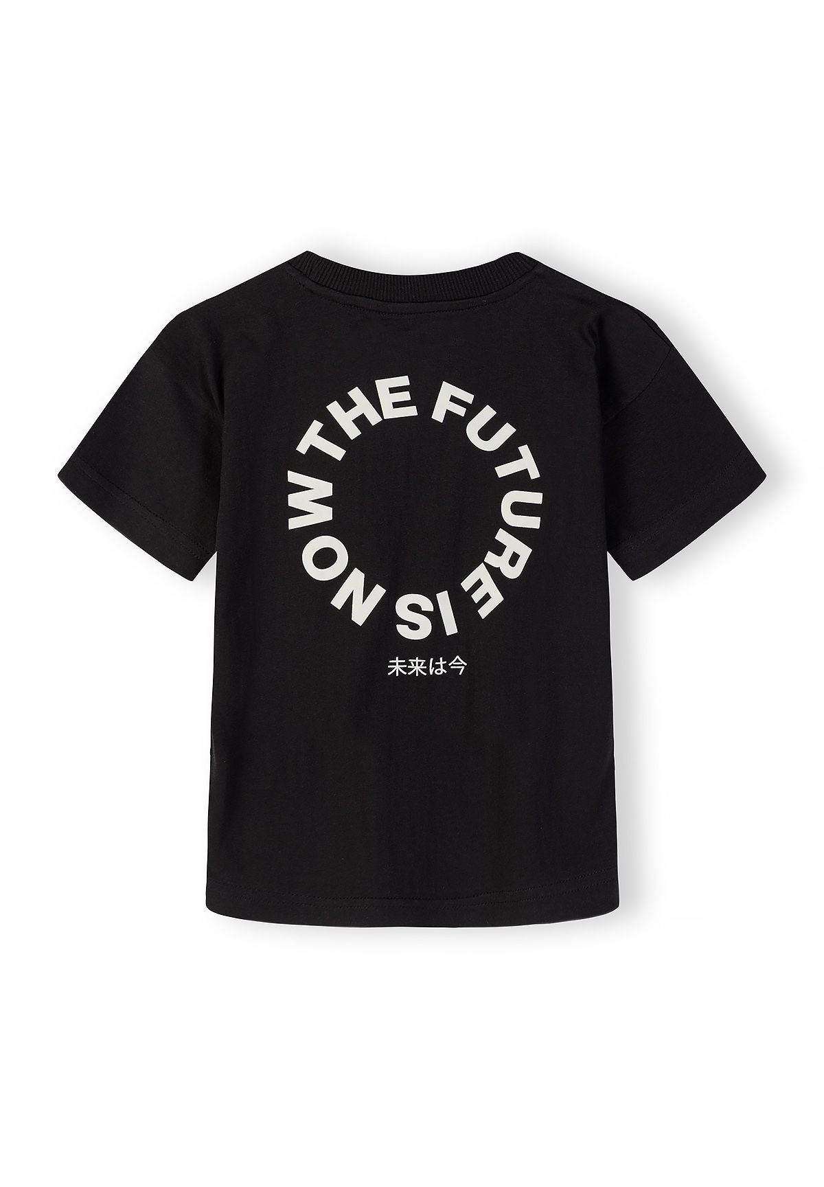 Boys' black short-sleeve t-shirt with printed design, back view.