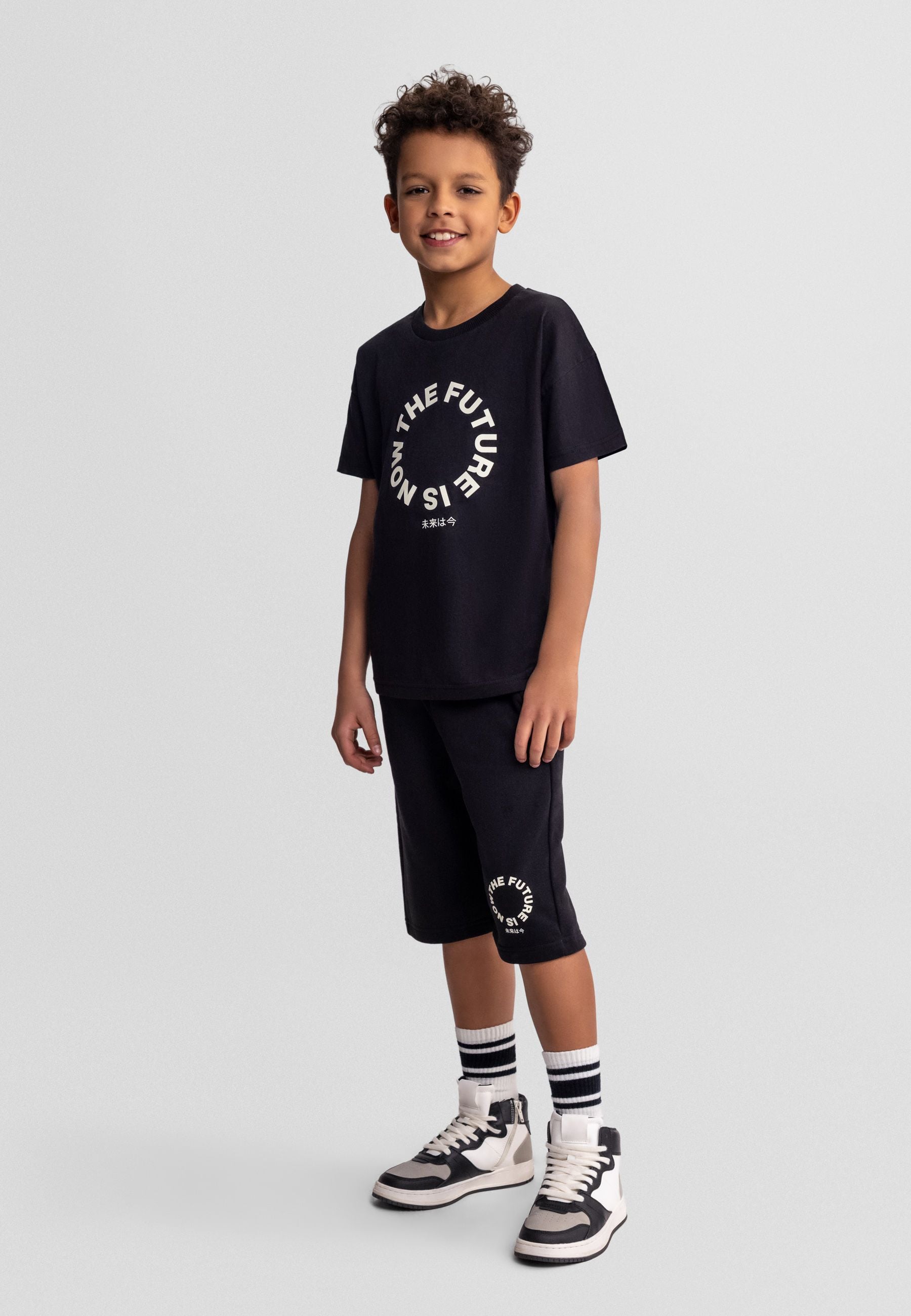 T-Shirt and Shorts Set, The Future Is Now Print, Black - 1