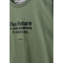 Close-up detail of olive green t-shirt fabric showing 'The Future Is Just Starting' print with Korean text underneath and Minoti label at neckline