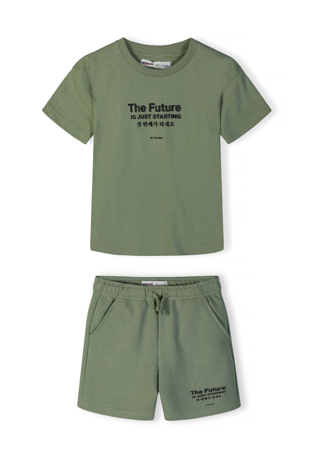 Boys' olive t-shirt and shorts set, featuring a ribbed neckline and side pockets.