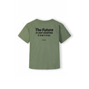 Close-up detail of olive green t-shirt fabric showing 'The Future Is Just Starting' print with Korean text underneath and Minoti label at neckline
