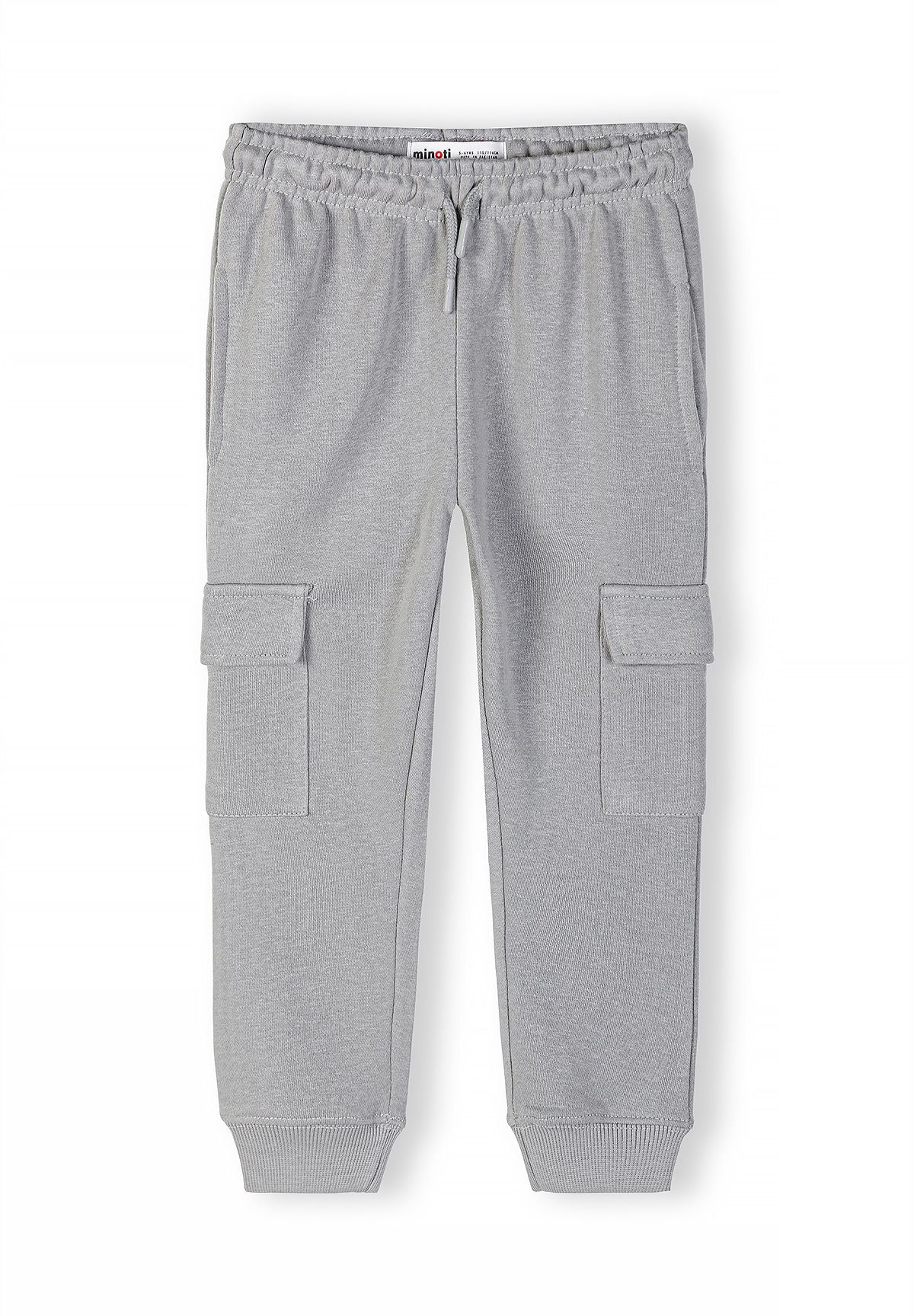 Boys slim cargo joggers in grey, front view with adjustable waist and cargo pockets.
