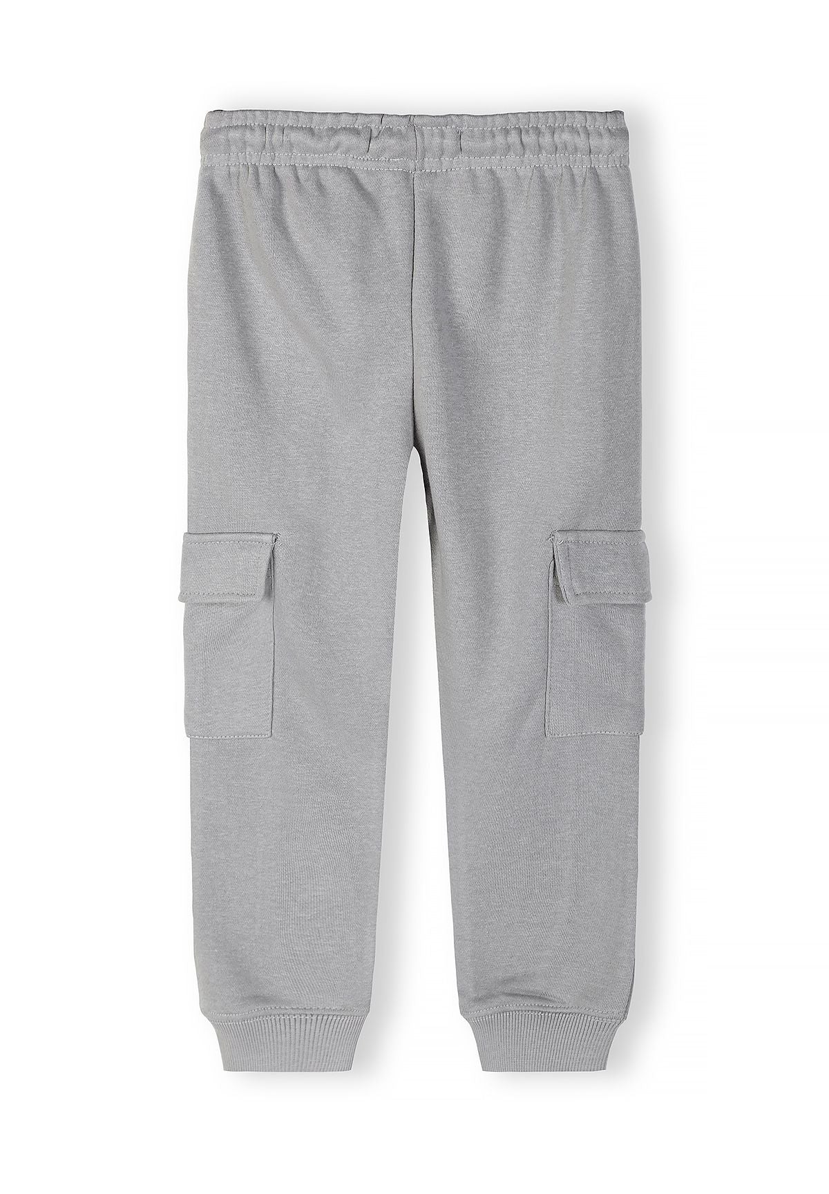 Boys slim cargo joggers in grey, front view with adjustable waist and cargo pockets.