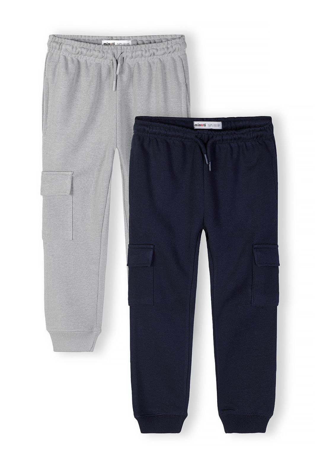 Boys cargo joggers in navy and grey, front view, featuring adjustable waist and cargo pockets.