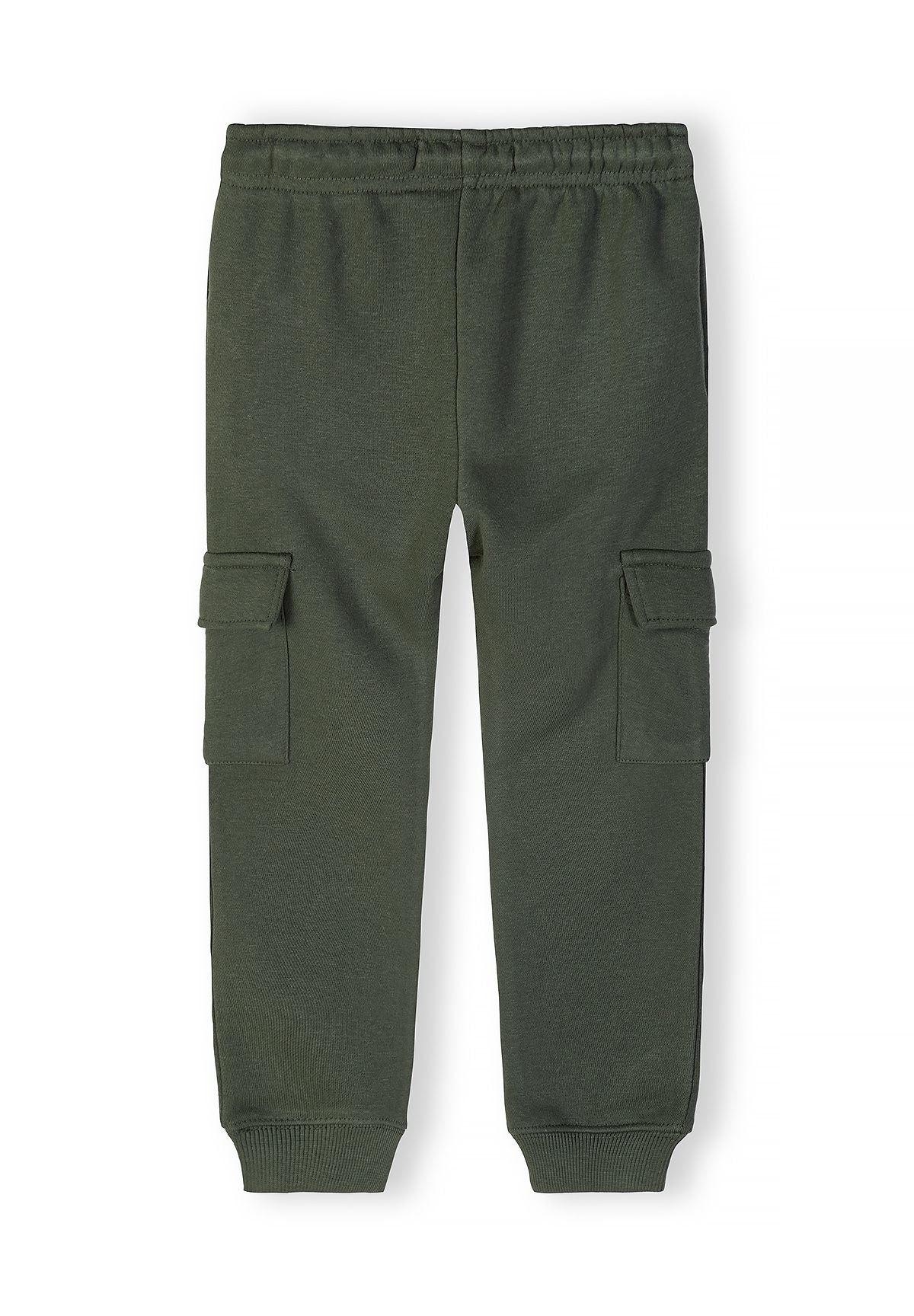 Back view of khaki cargo joggers with elasticated waistband and side pockets.