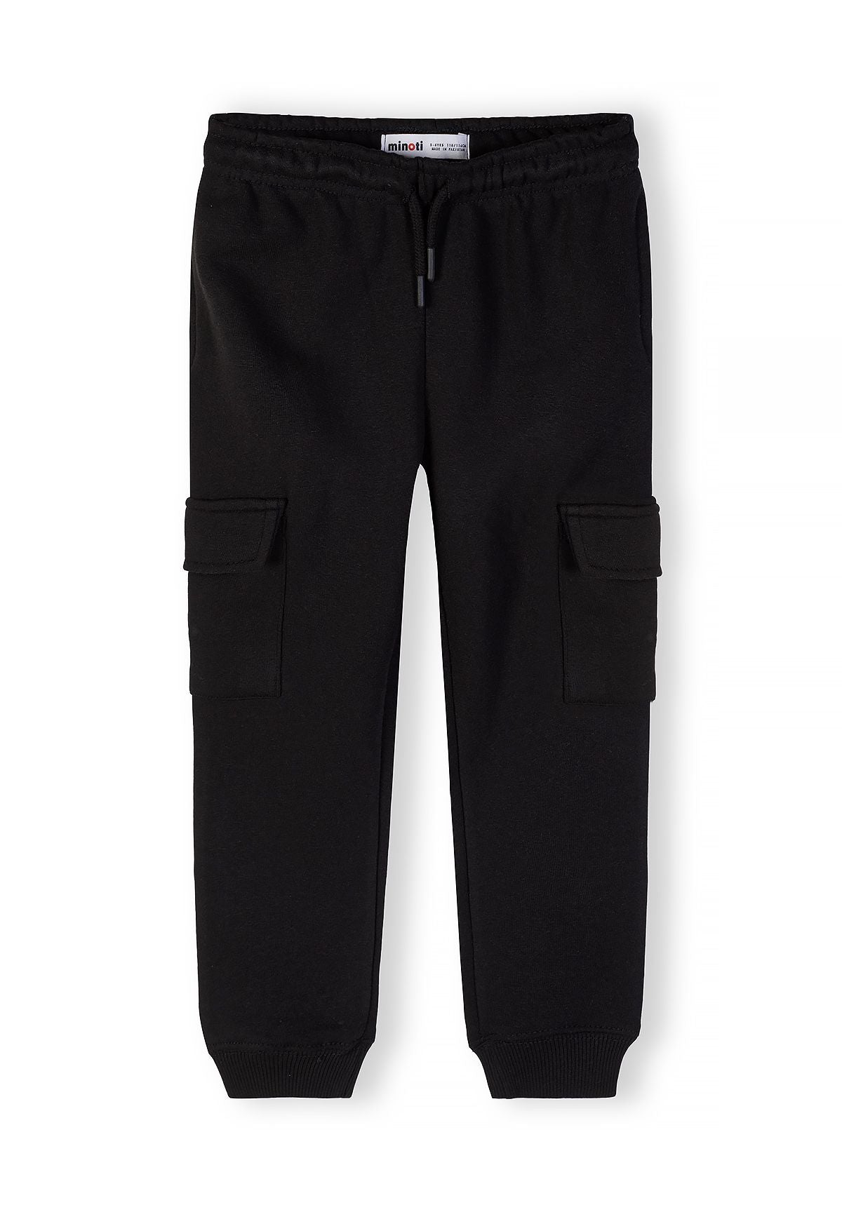 Black cargo joggers with elasticated waistband and cuffs, front view.