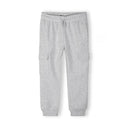 Close-up detail of light grey cargo joggers showing ribbed waistband texture and fabric quality on white background