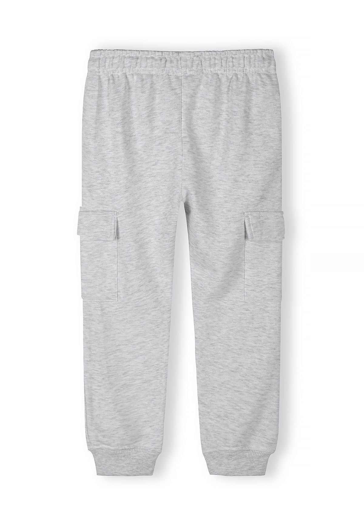 Boys grey cargo joggers, back view, with elastic waistband and side pockets.