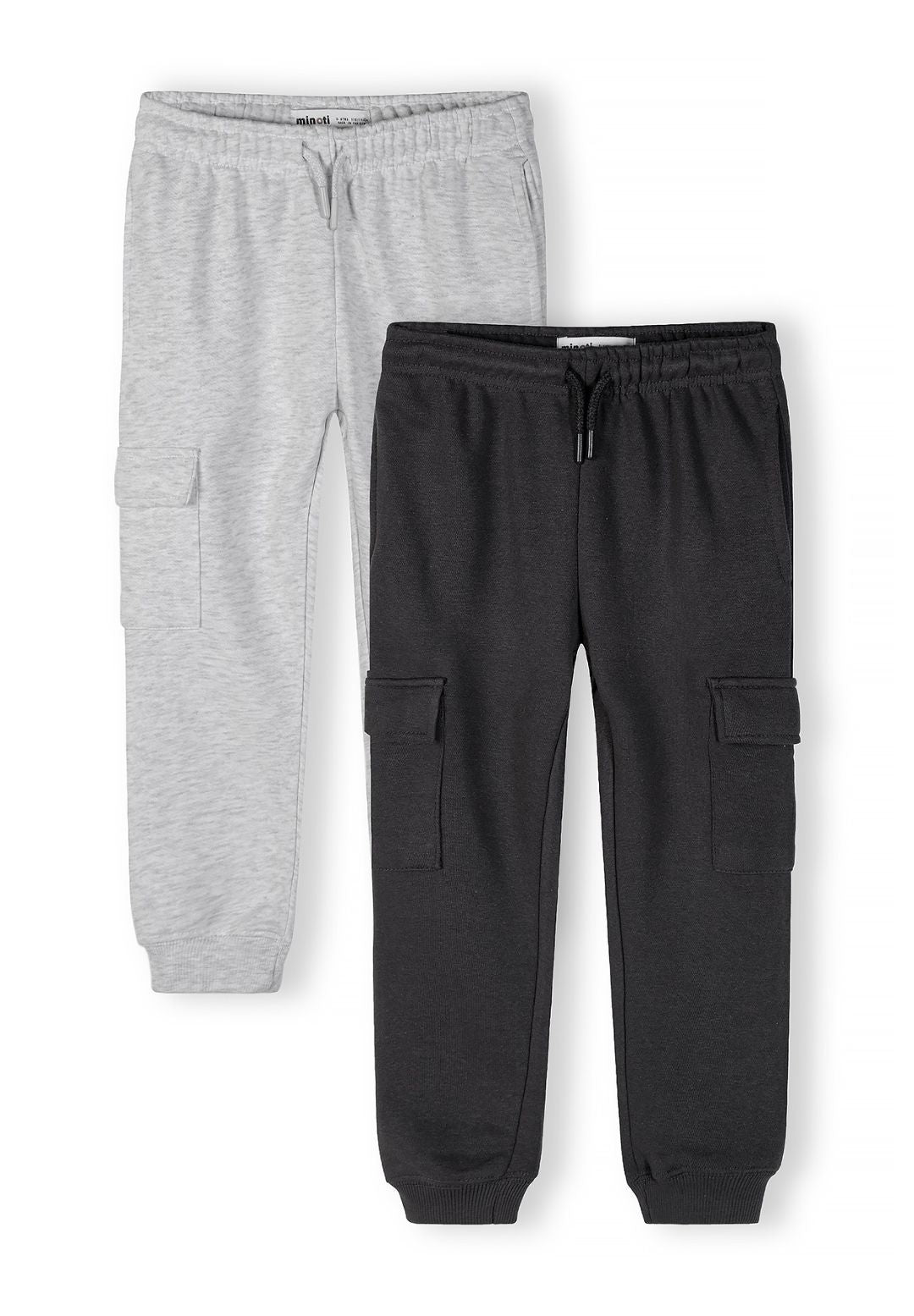 Boys cargo joggers in grey and black with elastic waistband and cargo pockets, front view.