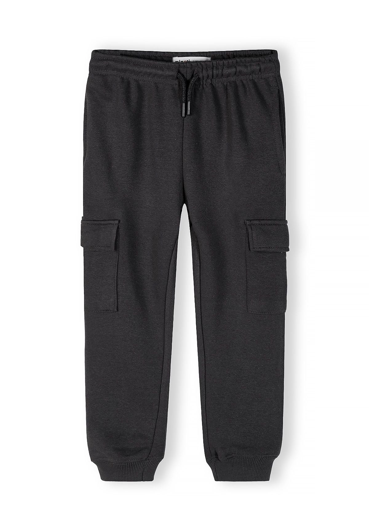 Boys grey cargo joggers, front view, featuring elastic waistband and side pockets.