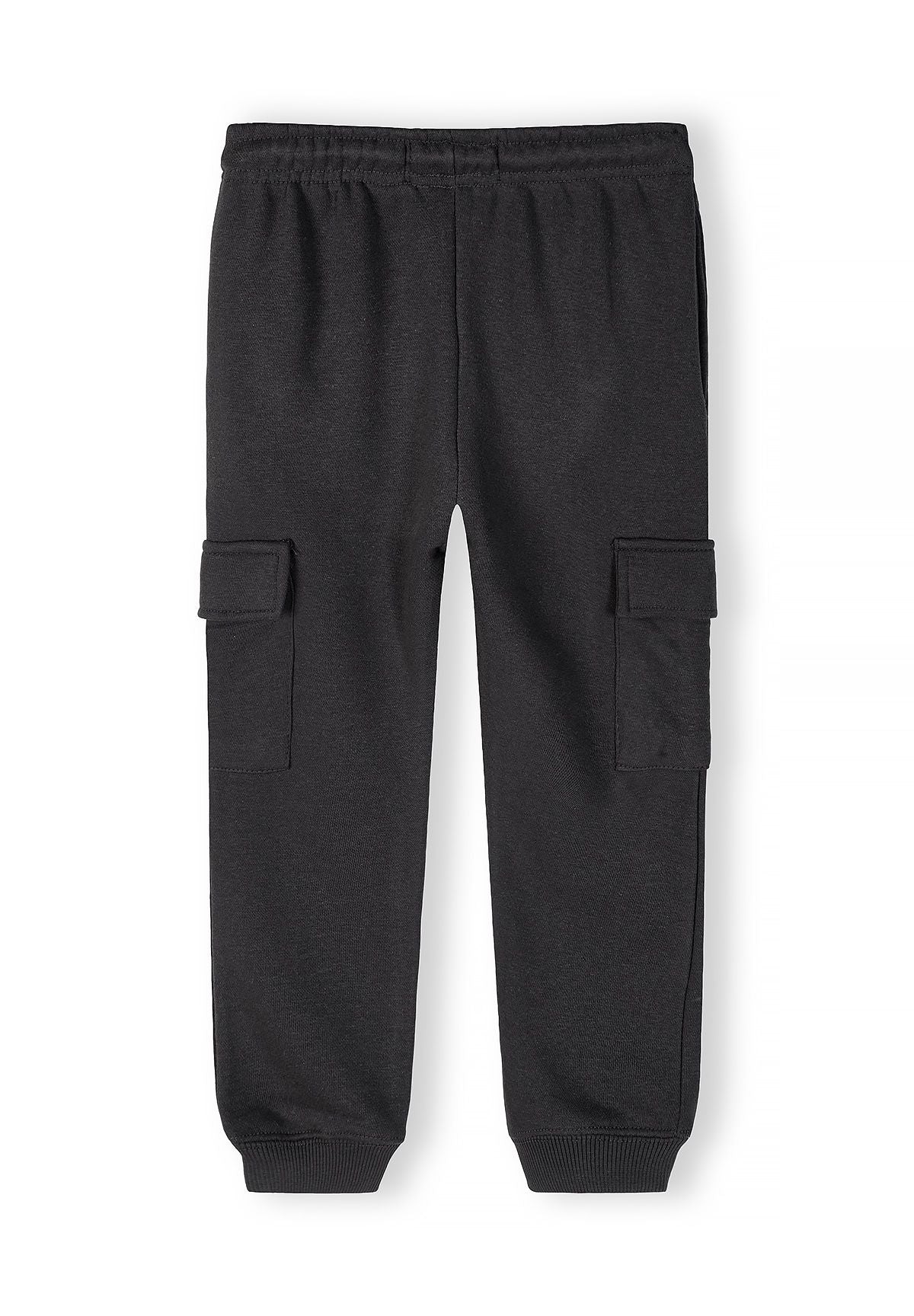 Boys cargo joggers in solid grey, front view, featuring elastic waistband and cargo pockets.