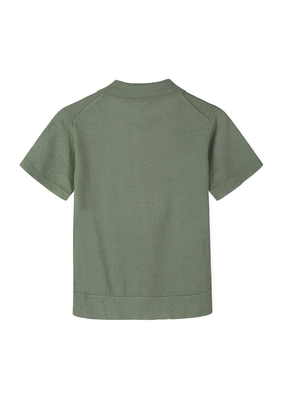 Boys short sleeve knitted polo shirt in deep forest, back view with classic collar.