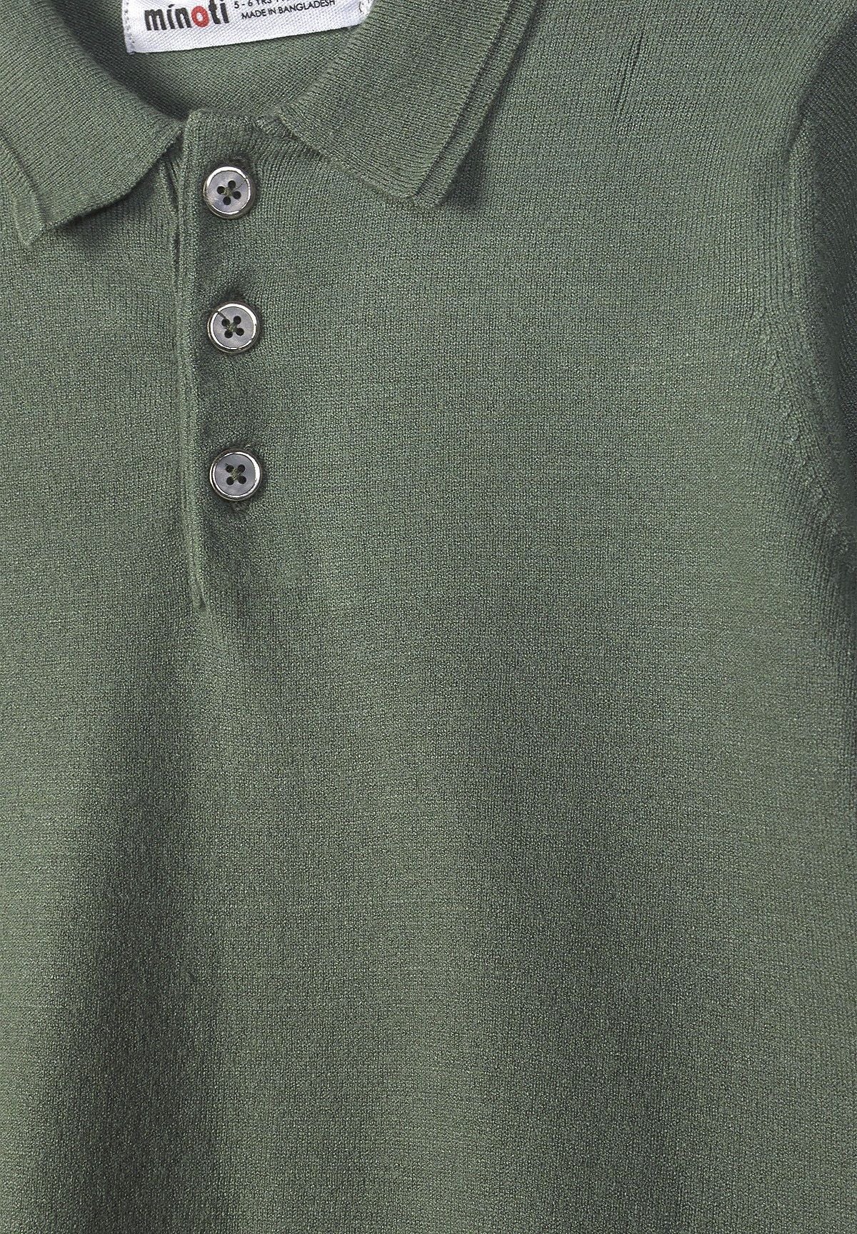 Olive green knitted polo shirt, button placket detail.