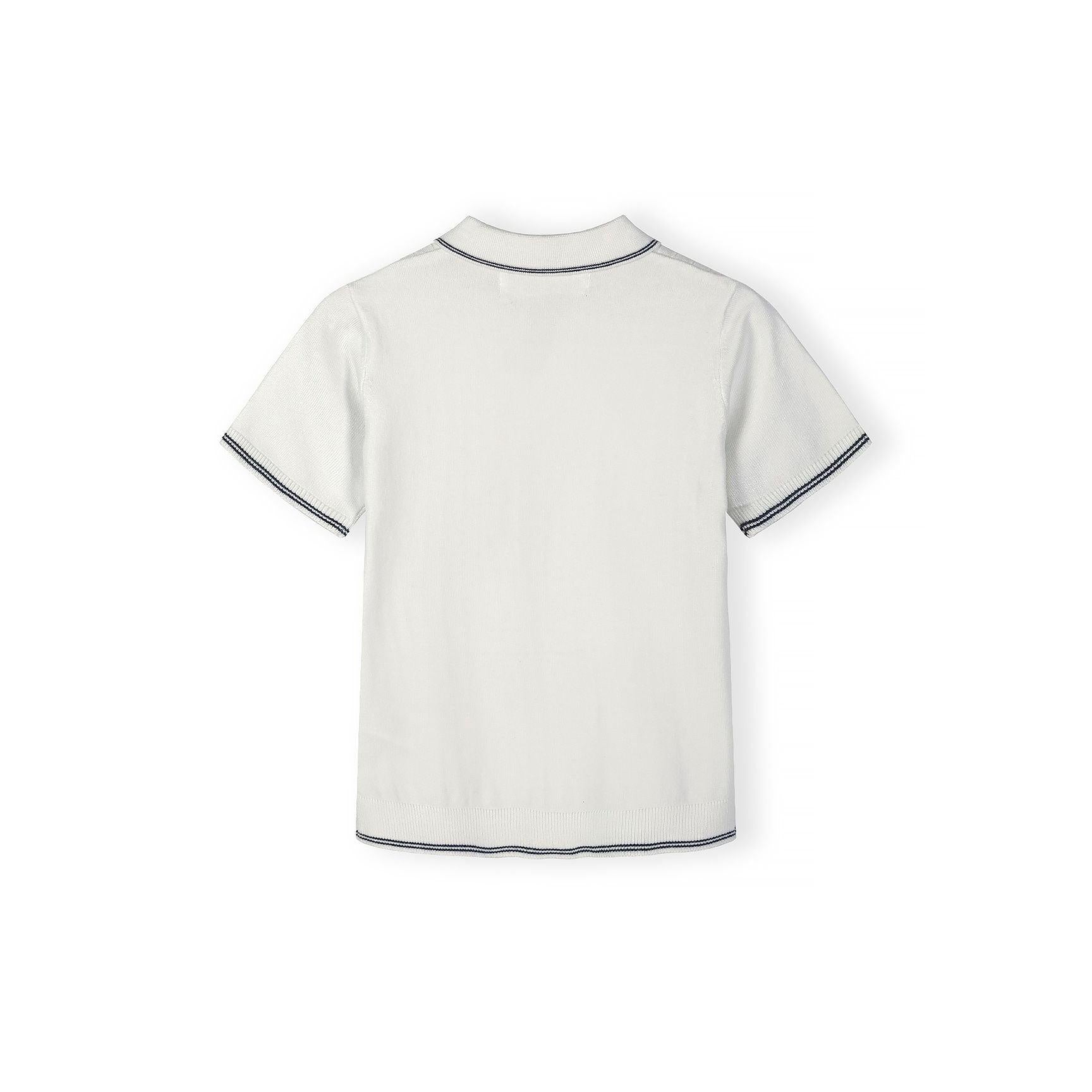 Back view of off white knitted polo shirt showing plain design with navy trim on collar and sleeves on white background