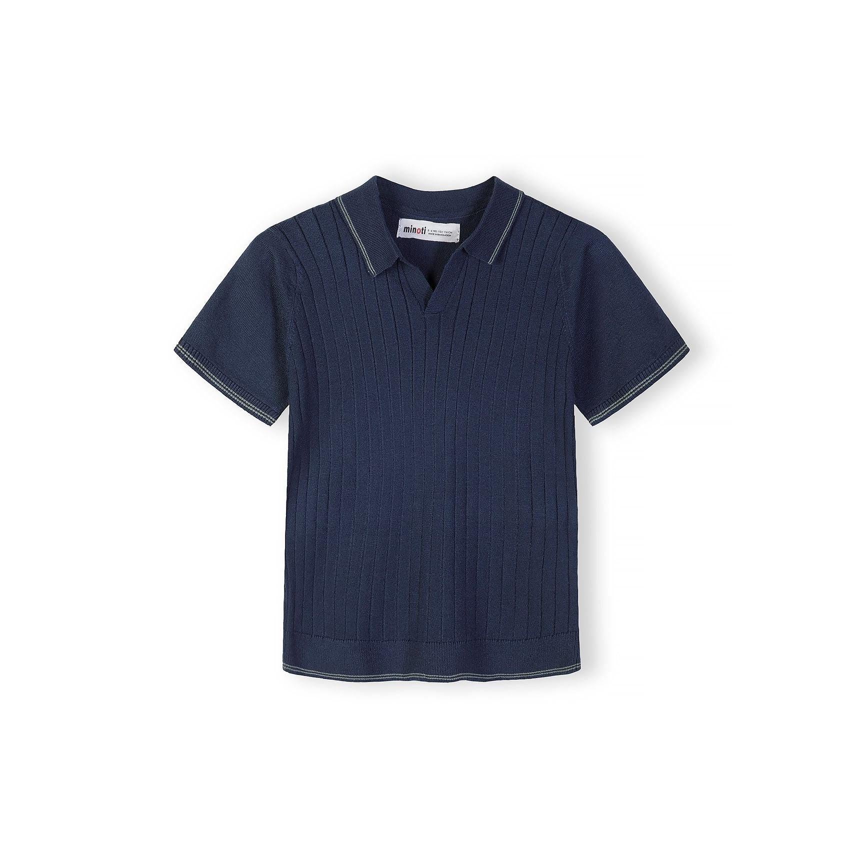 Front view of navy blue knitted polo shirt with vertical stripes, classic collar and V-neck placket on white background