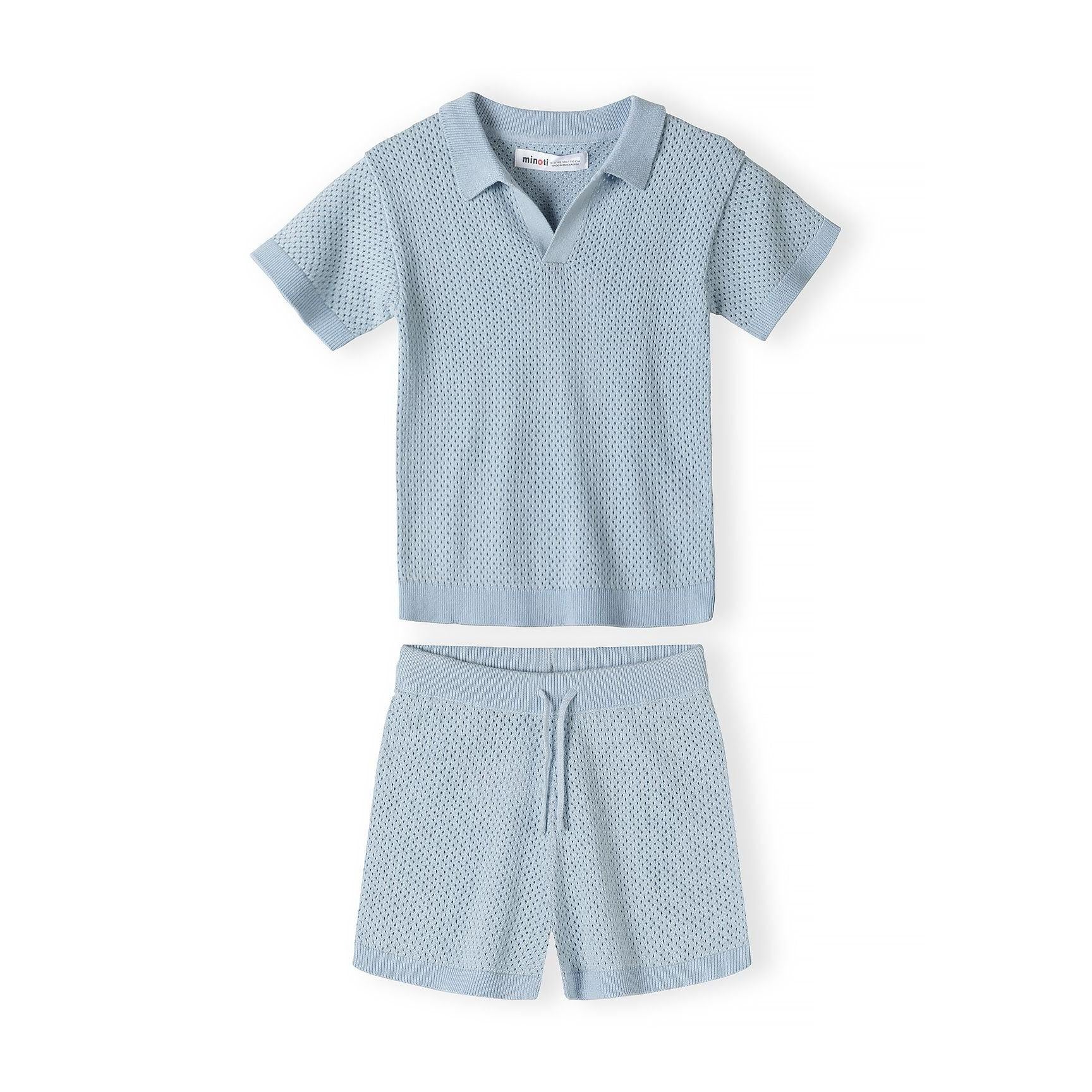 Back view of light blue knitted polo shirt showing openwork mesh texture and ribbed collar detail on white background