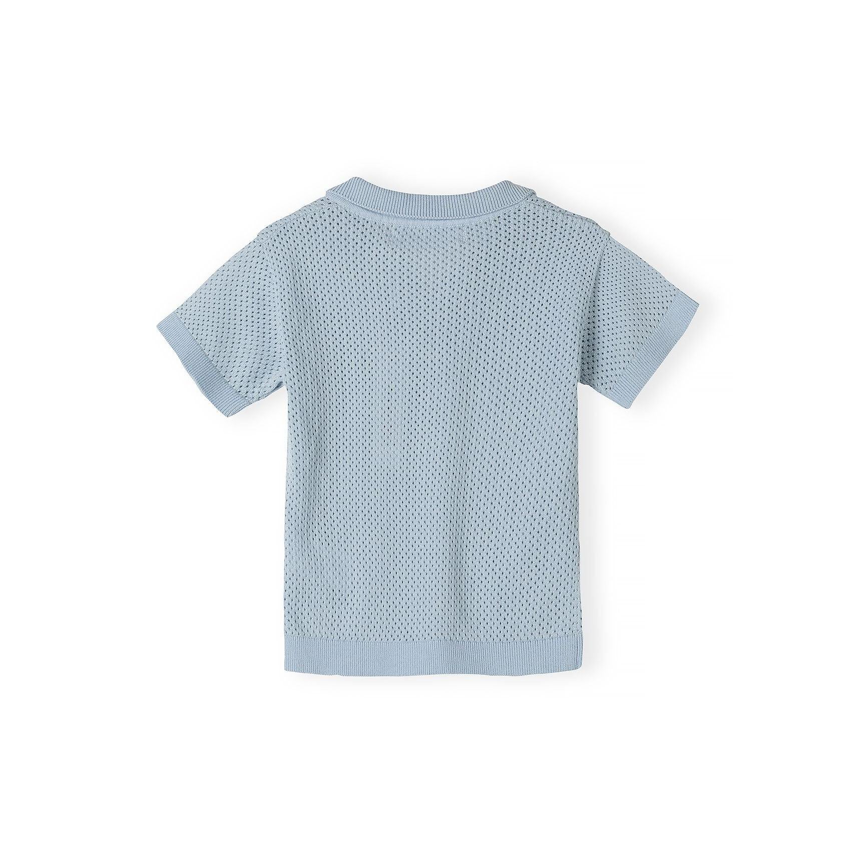Back view of light blue knitted polo shirt showing openwork mesh texture and ribbed collar detail on white background