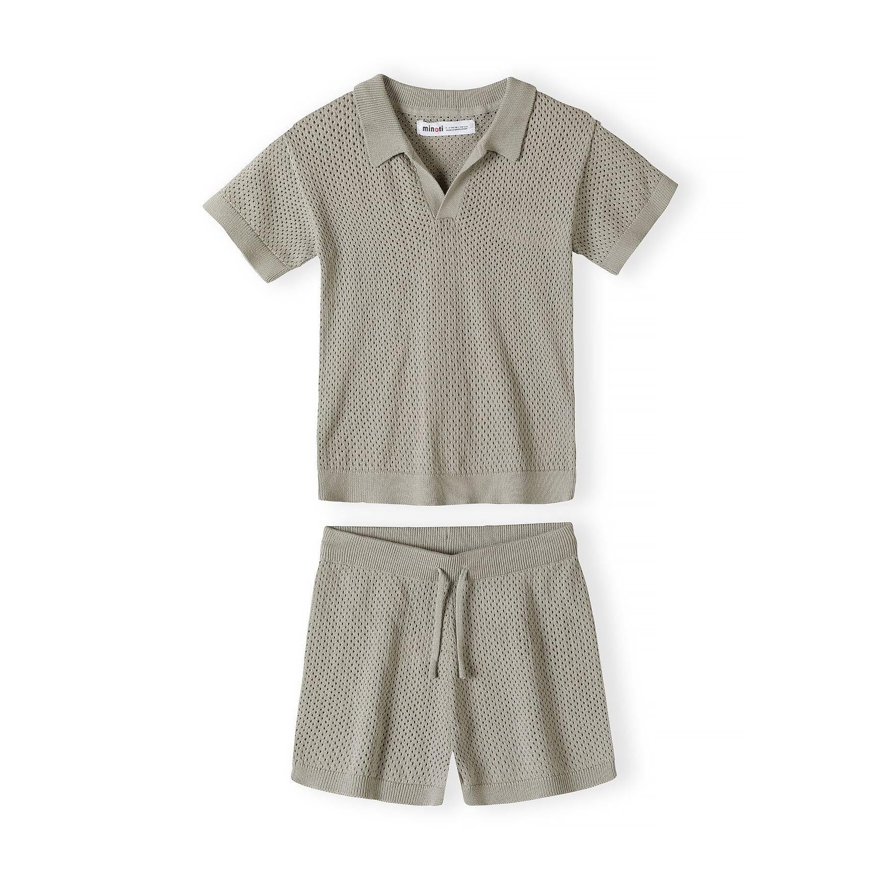 Back view of khaki knitted polo shirt showing textured mesh-like pattern and ribbed neckline on white background