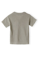 Boys knitted hellkhaki short sleeve top, back view with ribbed collar and short sleeves.