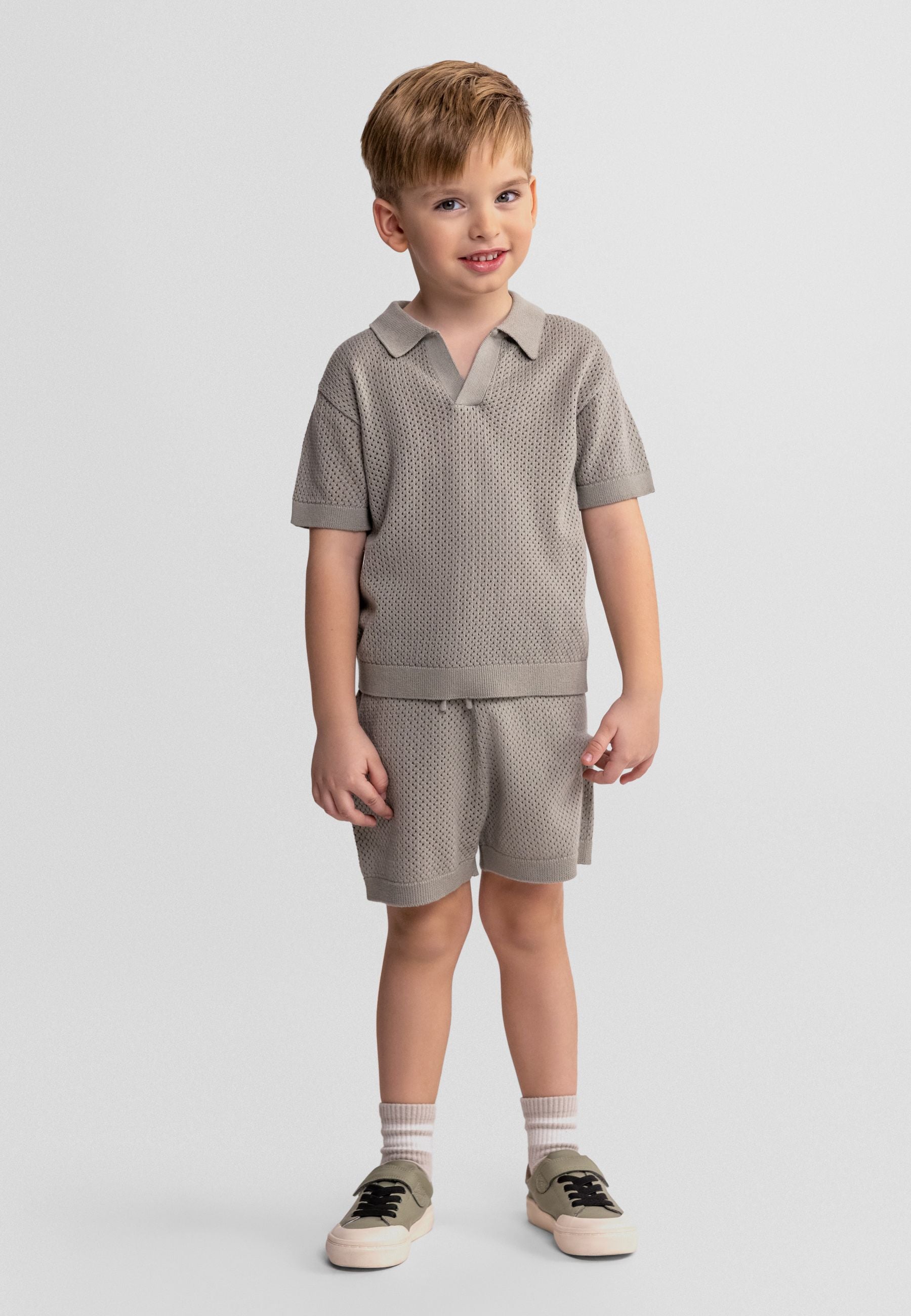 Knitted Polo Shirt and Shorts Set, Khaki - 1