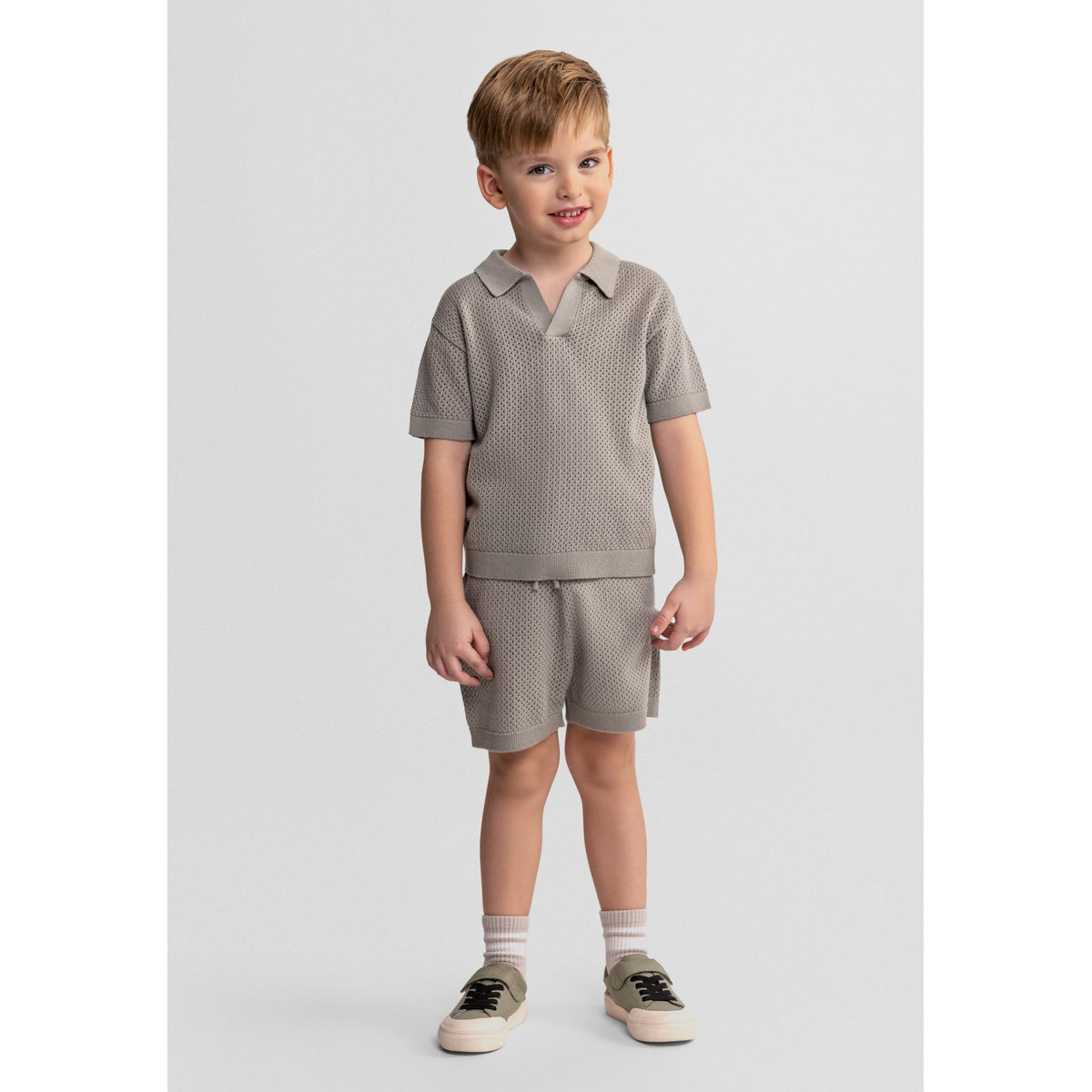 Boys' knitted polo and shorts set in grey green — complete product view for square Shop card