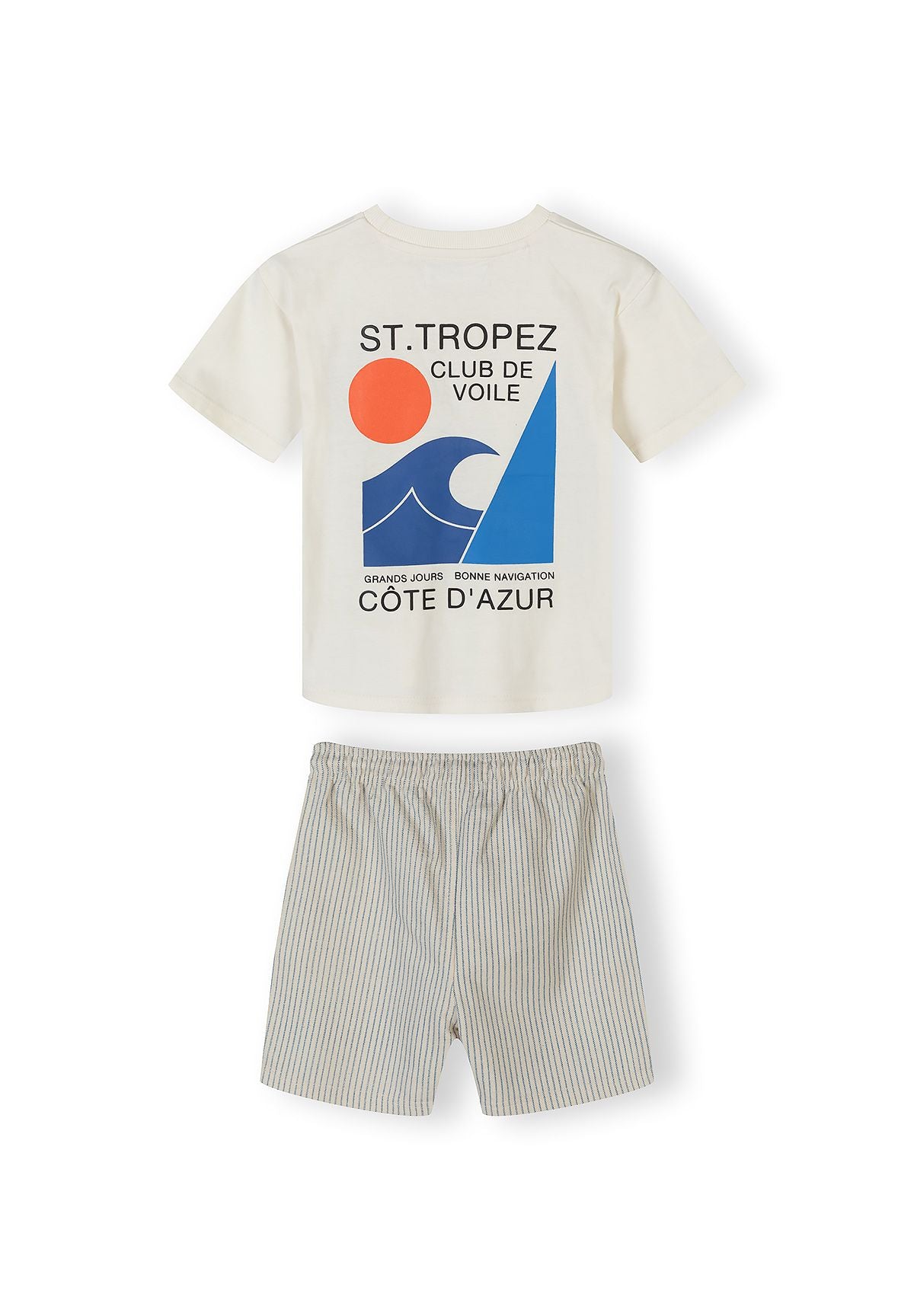 Cream and blue t-shirt and shorts set, set back.