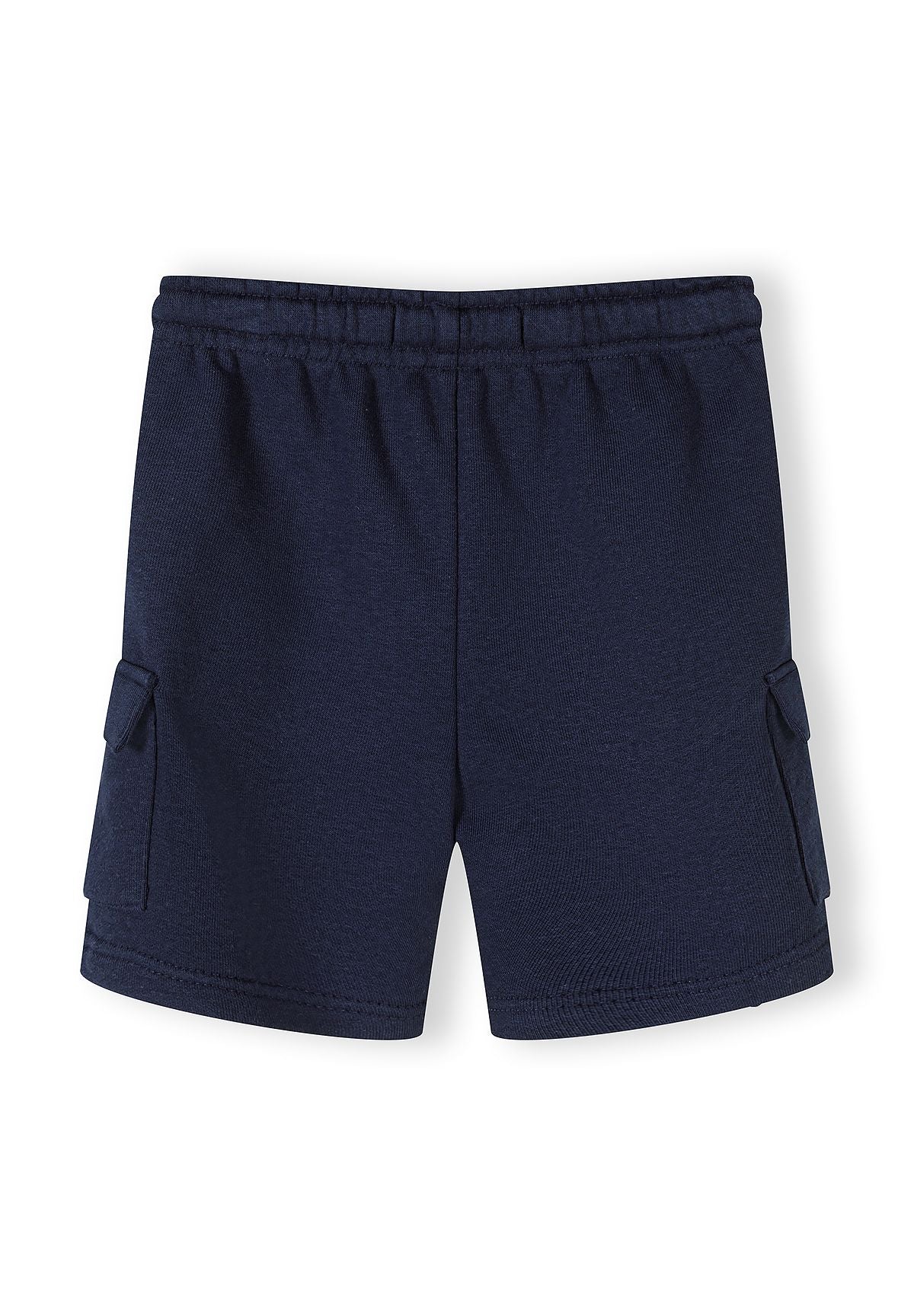 Boys' navy shorts with elasticated waistband and side pockets, back view.