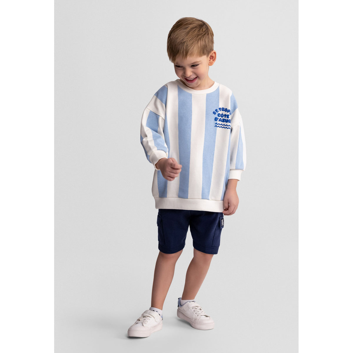 Boys' sweatshirt and cargo shorts set in cream, light blue and navy — complete product view for square Shop card