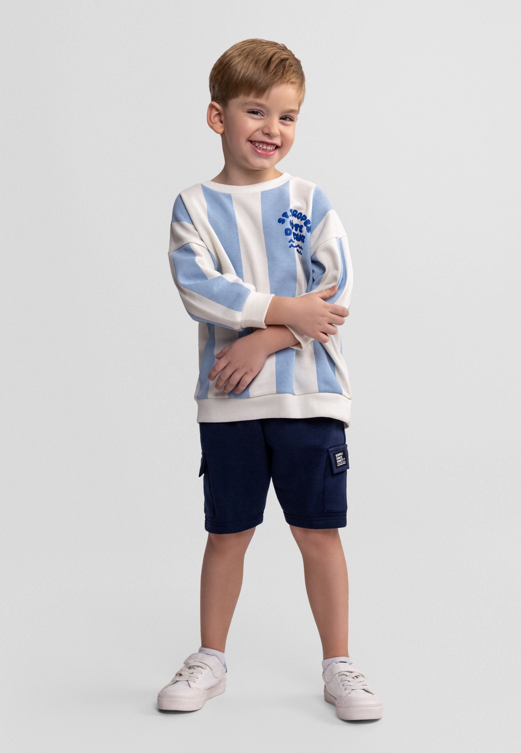 Blue and white striped long-sleeve sweatshirt laid flat showing chest graphic design, clean white background product shot