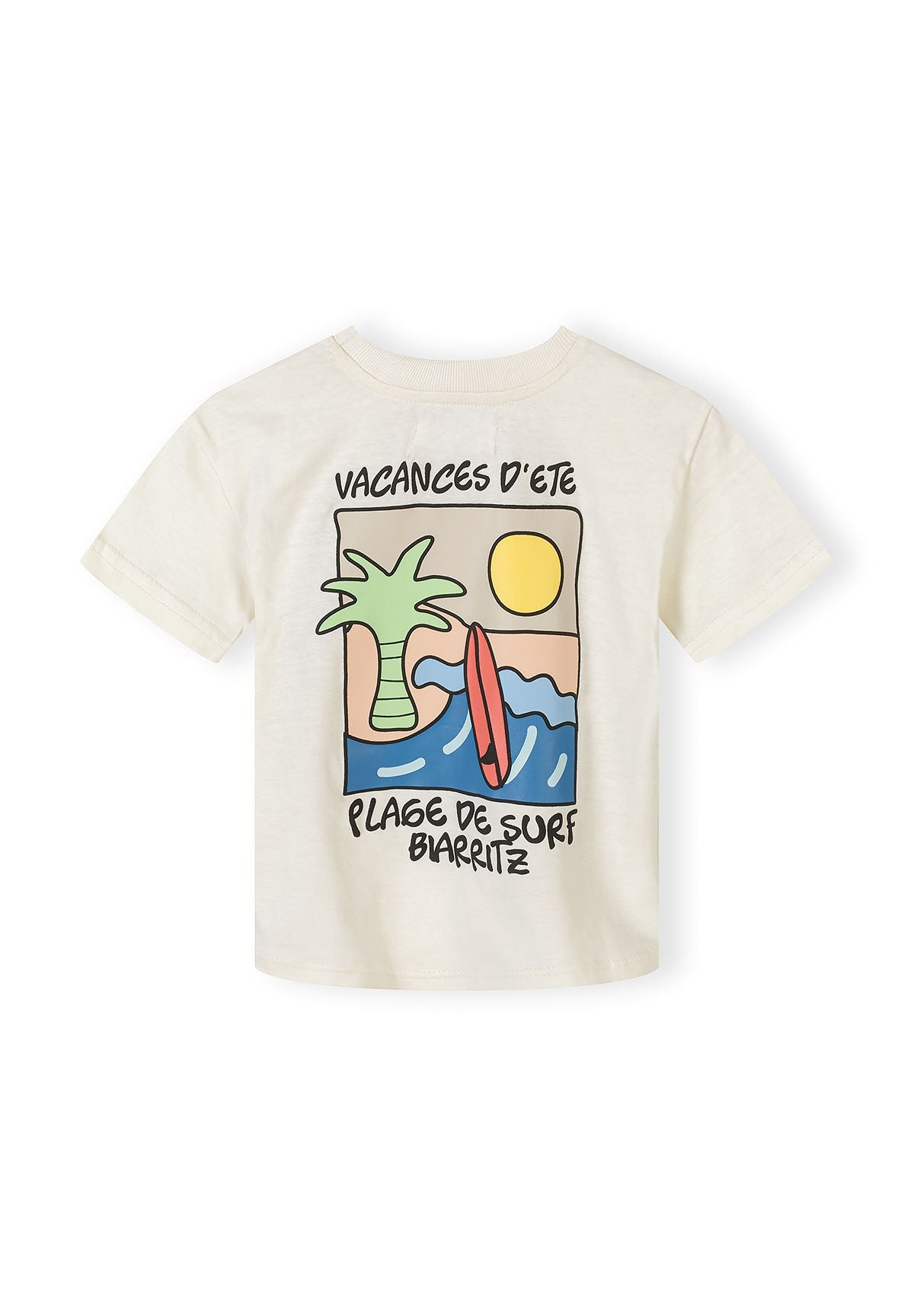 Detail of a boys' short sleeve t-shirt in beige with a colorful beach graphic.
