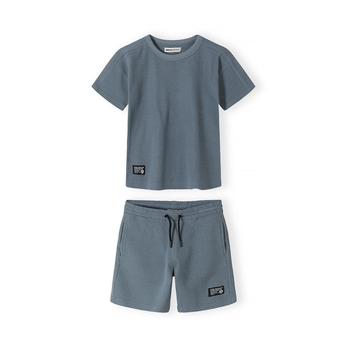 Boys' textured t-shirt and shorts set in blue grey — complete product view for square Shop card