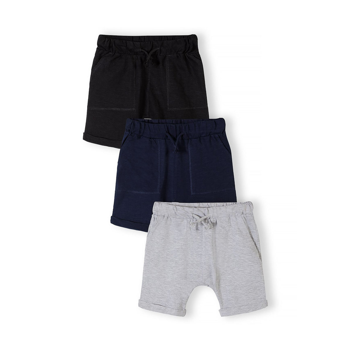 Boys' jersey shorts 3-pack in black, navy and grey marl — complete product view for square Shop card