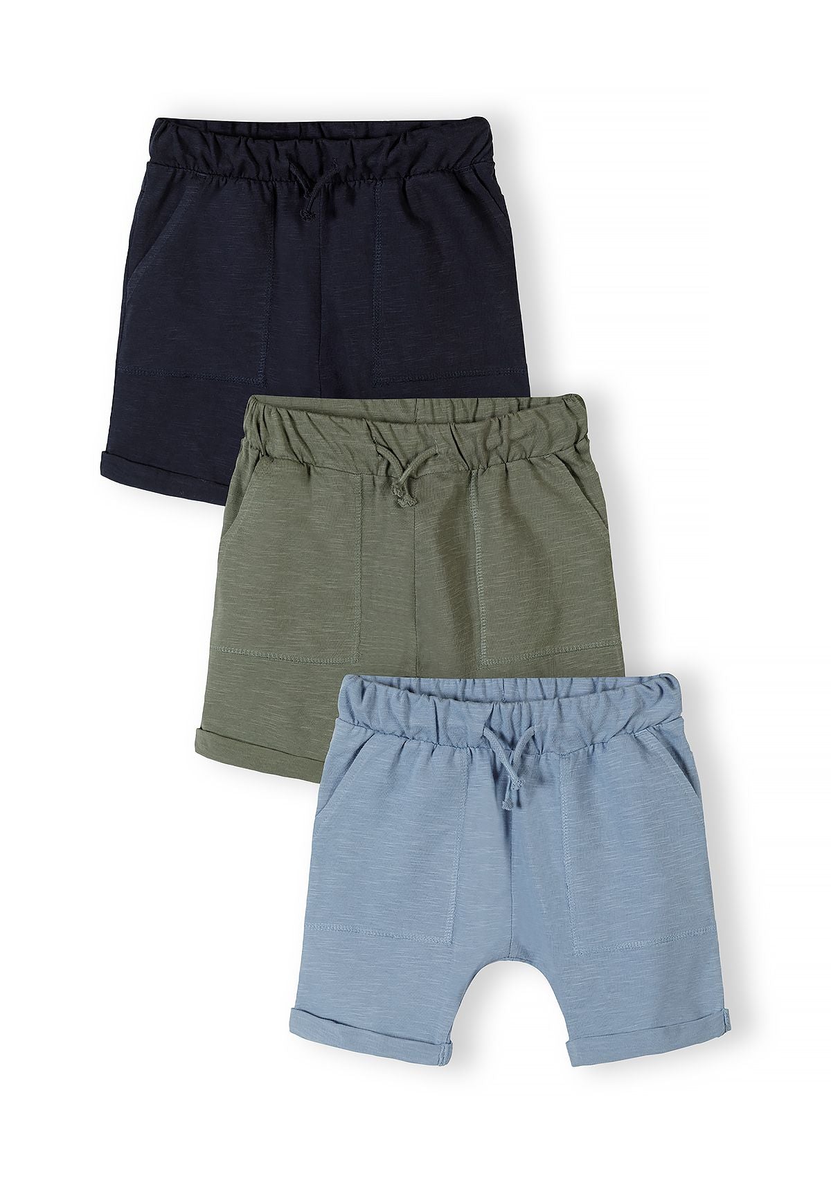 Navy, khaki green and light blue jersey shorts, three fronts.