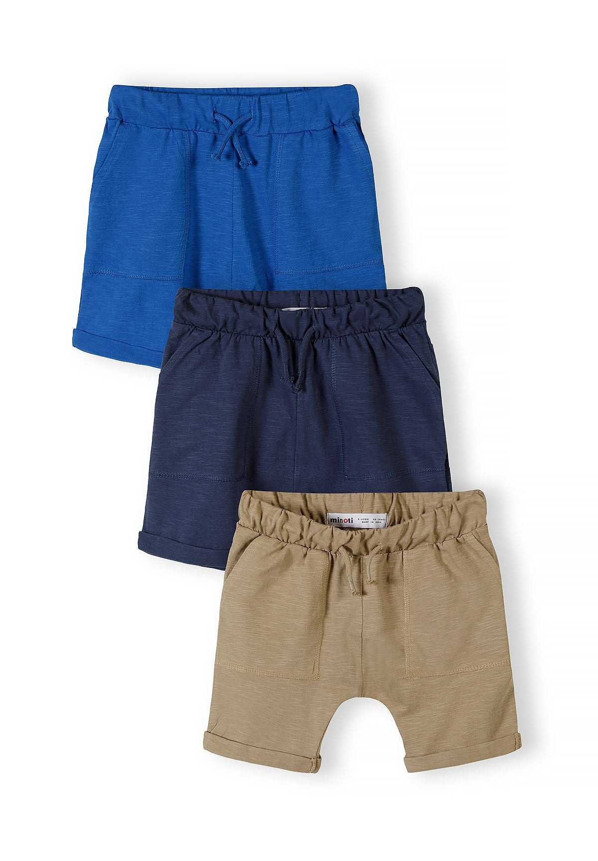 Blue, navy and tan jersey shorts, three fronts.