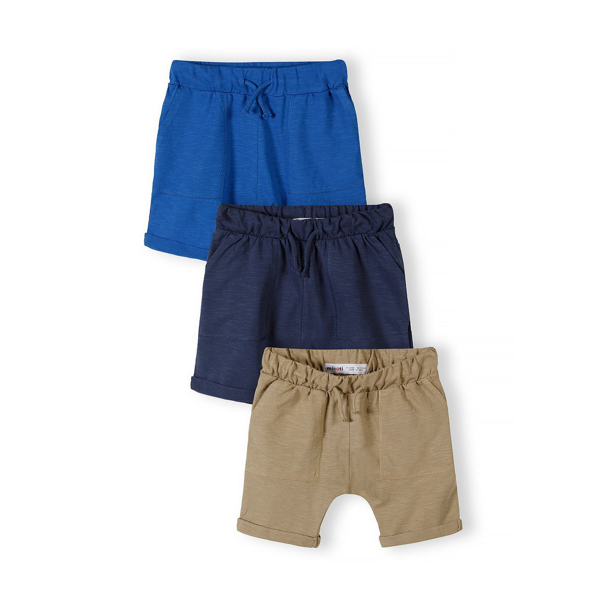 Boys' jersey shorts 3-pack in blue, navy and tan — complete product view for square Shop card