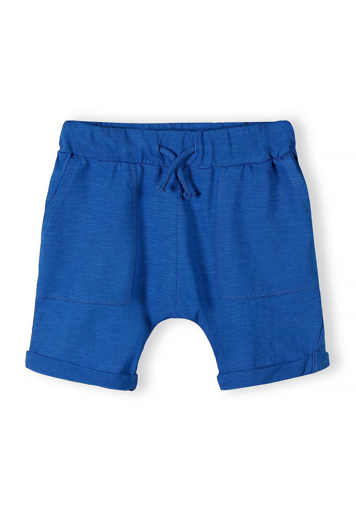 Boys' blue cotton shorts, front view, featuring two side pockets and an elasticated waistband.