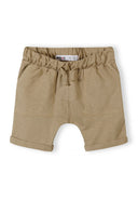 Camel cotton slub jersey boys shorts with elastic waist and rolled cuffs, designed for comfort and style.