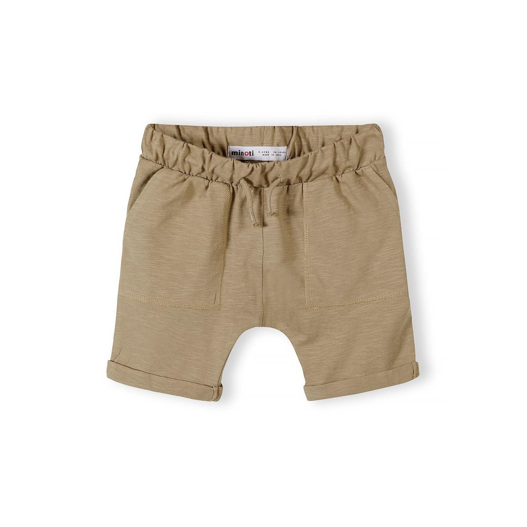 Single camel colored cotton slub jersey shorts laid flat showing elasticated waistband with drawstring and side pockets