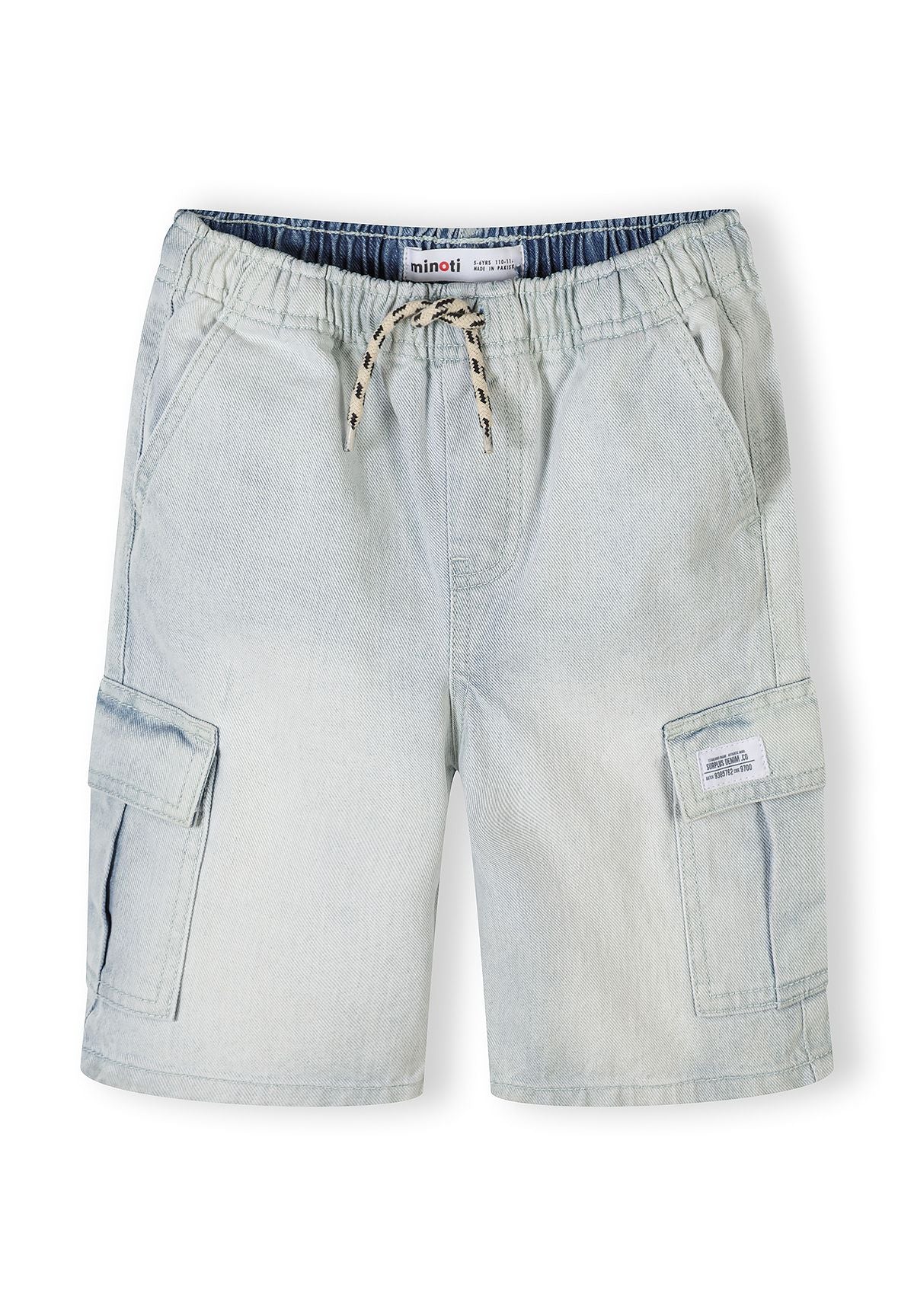 Boys light blue denim combat shorts, front view, featuring cargo pockets and elasticated waistband.
