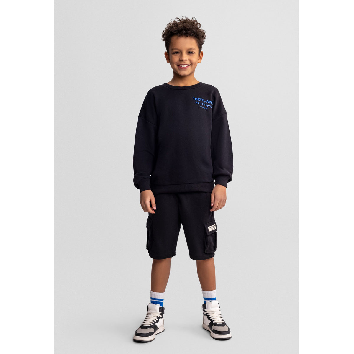 Boys' denim cargo shorts 2-pack in black and blue — complete product view for square Shop card