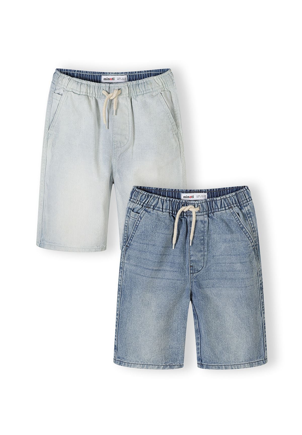 Two pairs of denim shorts displayed on white background - one light blue wash pair on top and one darker blue wash pair below, both featuring elastic waistbands with drawstrings