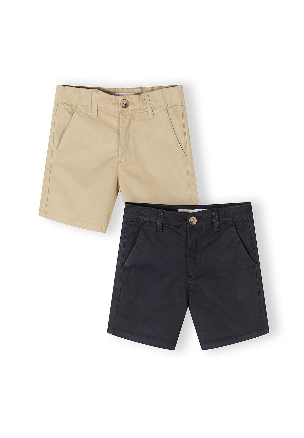 Boys chino shorts in stone and navy, front view, featuring two side pockets and button fastening.