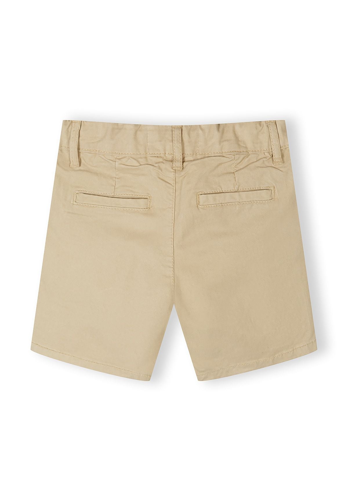 Boys chino shorts in stone, back view with two rear pockets.