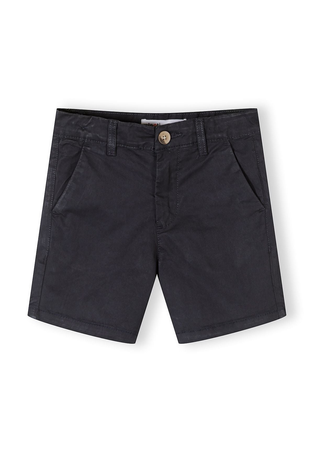 Boys navy chino shorts, front view, featuring button and zip fly, two side pockets.