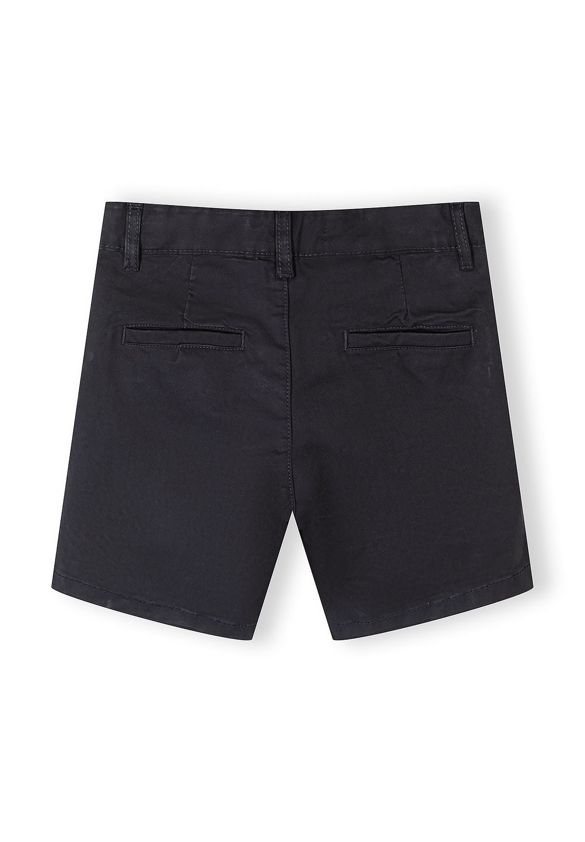 Back view of navy boys stretch cotton chino shorts with two back pockets.