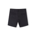 Close-up detail of navy chino shorts showing waistband construction, brown button closure, belt loop and side pocket opening